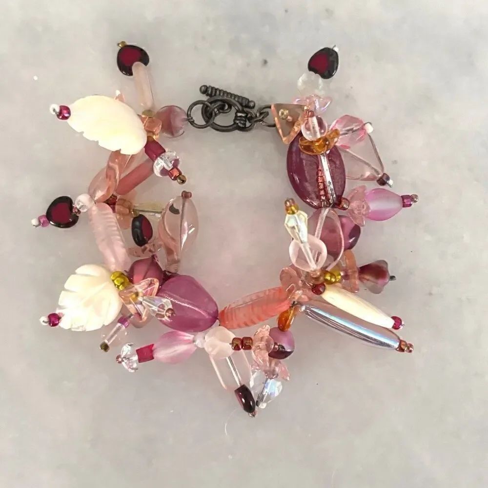 Artisan Glass Beads & Hand Carved Mother of Pearl Sterling Bracelet Multicolor 6